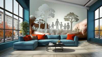 A paper cutout of two hands holding up the silhouette of an adult, child and baby with their family members. Wall mural