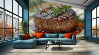 A perfectly cooked steak with rosemary sprig, resting on a bed of rich sauce on a white plate. Wall mural