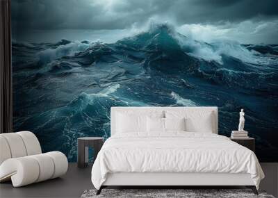 A photo of the ocean with dark stormy waves, cloudy sky, and rough sea in dark blue. Wall mural