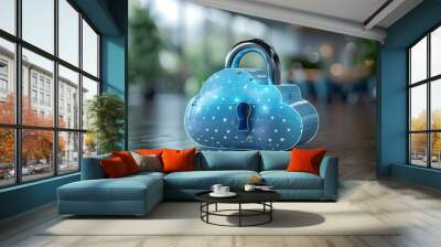 A silver padlock on a blue cloud-shaped object represents secure cloud computing and data protection. Wall mural