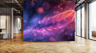 A single feather with a magical glow, surrounded by colorful bokeh lights against a dark background. Wall mural