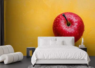 A single red apple with water droplets on a yellow background. Wall mural