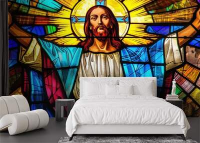 A stained glass window of Jesus Christ with his arms outstretched. Wall mural