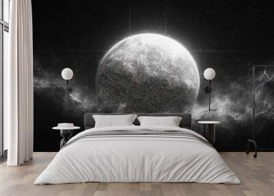 A stylized digital moon with a geometric grid overlay. Wall mural