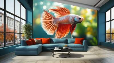 A vibrant orange and white Siamese fighting fish with flowing fins swims in a clear tank, surrounded by blurred green plants and a bokeh background. Wall mural