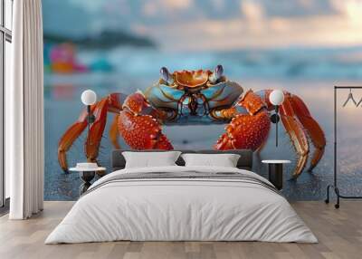 A vibrant red crab with large claws stands on a sandy beach with a blurred background of ocean waves and a colorful inflatable. Wall mural