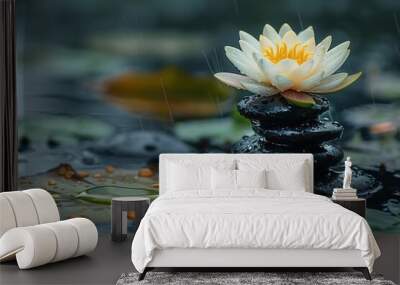 A white water lily blooms on a stack of smooth, black stones in a pond with raindrops falling around it. Wall mural