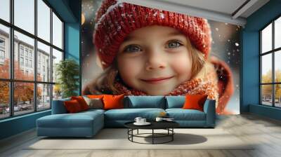 A young girl in a red hat and scarf smiles at the camera as snow falls around her. Wall mural