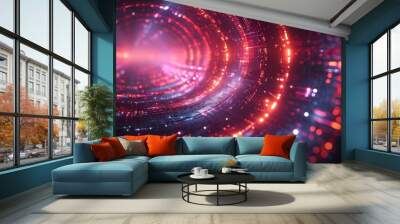 Abstract background with glowing red and blue rings in a dark space, creating a futuristic and digital feel. Wall mural