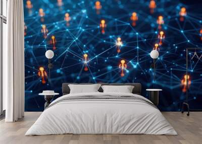 Abstract social network concept with glowing connections and people icons on dark blue background. Wall mural