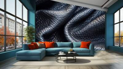 Black leather texture background, close-up of black smooth leather surface with soft folds. Wall mural