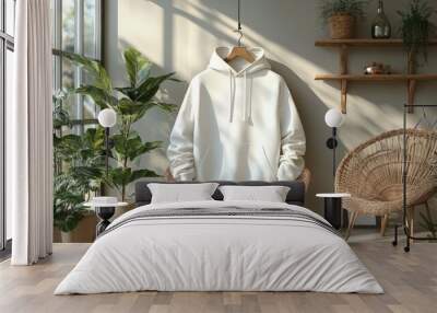 Blank white hoodie hanging on a wooden chair in a sunlit room with plants. Wall mural