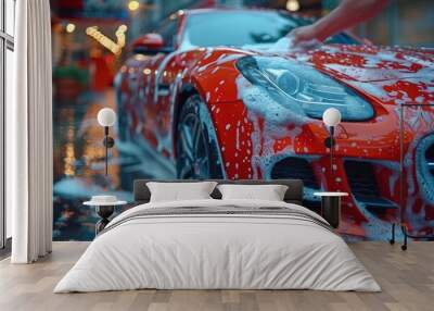 Close-up of a hand washing a red car with soapy water. Wall mural