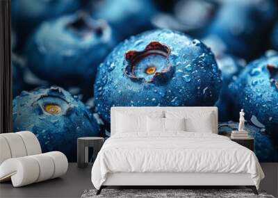 Close-up of fresh blueberries with water droplets. Wall mural