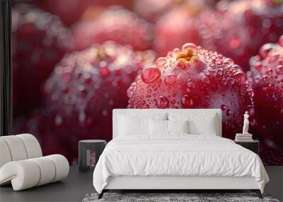 Close-up of ripe, red cranberries covered in water droplets. Wall mural