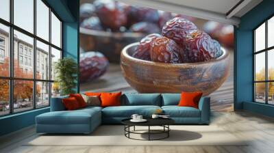 Closeup of dates in a wooden bowl on a wooden table. Wall mural