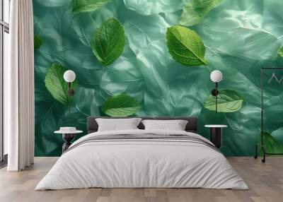 Closeup of green leaves floating on water with a soft, ethereal glow. Wall mural