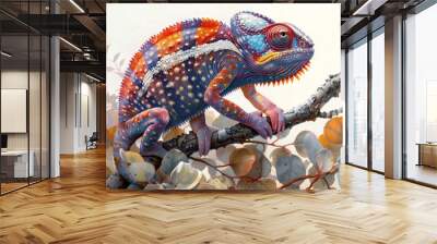 Colorful chameleon on a branch isolated on a white background. Wall mural