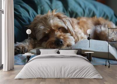 Cute dog fell asleep because he was tired of studying. Generate AI image Wall mural