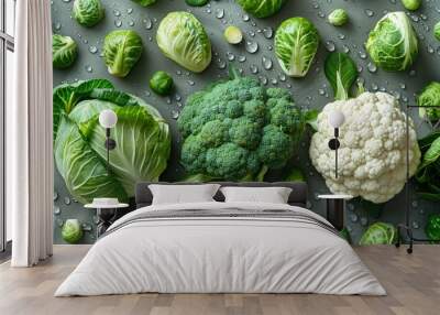 Fresh cabbage, broccoli, and cauliflower with Brussels sprouts on a gray background with water droplets. Wall mural