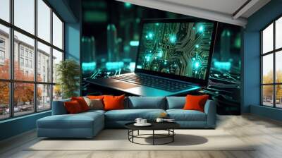 Futuristic laptop technology in neon green colors. Generate AI image Wall mural