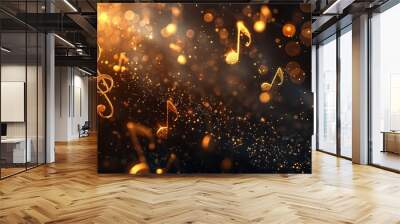 Gold music notes on dark background with bokeh lights. Wall mural