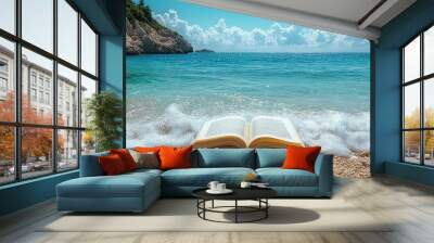 Open book on sandy beach with ocean waves and clear sky. Wall mural