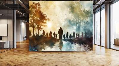 Several people with Christian religion watercolor illustration. Generate AI image Wall mural