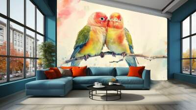 Two birds are sitting on a branch, one of them is looking at the other. Generate AI image Wall mural