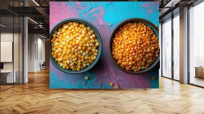 Two bowls of raw corn kernels on a colorful background. Wall mural