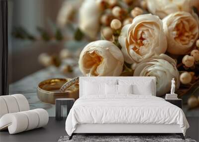 Two gold wedding bands resting on a white floral bouquet. Wall mural