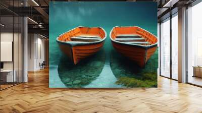 Two orange rowboats sit motionless in a still, turquoise lake with a foggy background. Wall mural