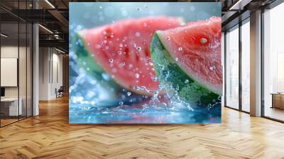 Two slices of watermelon splashing in water. Wall mural