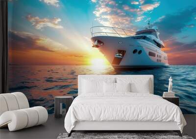 White luxury yacht in the sea at sunset. Luxury motor boat on blue sky background. Wall mural