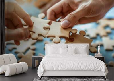 Teamwork concept with hands and puzzle pieces. Multiple hands fitting puzzle pieces together Wall mural