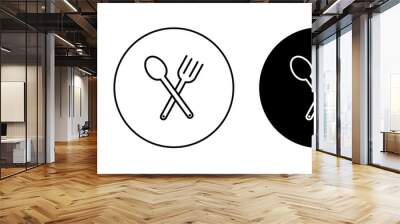 Spoon and Fork Line Icon Set. Dinner Meal Plate with Fork and Spoon Symbol in Black and Blue Color. Wall mural