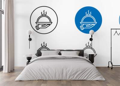 Tray of food line vector illustration set. Waiter serve dinner tray restaurant serving cover plate in black and blue color. Wall mural