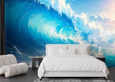 abstract soft blue and white abstract water color ocean wave texture background .Fluid blue ocean wave layer Tsunami wave background in flat cartoon style. Big blue tropical water splash.	 Wall mural