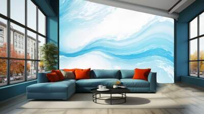 abstract soft blue and white abstract water color ocean wave texture background .Fluid blue ocean wave layer Tsunami wave background in flat cartoon style. Big blue tropical water splash.	 Wall mural