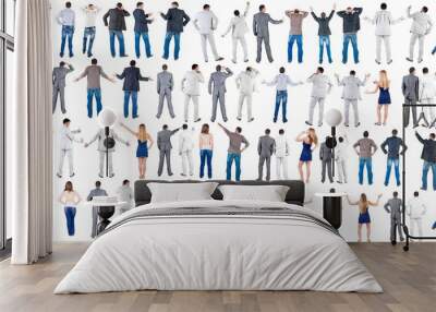 Back side of pointing people Collection.  Rear view. Isolated over white. Wall mural