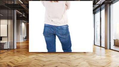 back view of standing young beautiful  woman in jeans. Wall mural