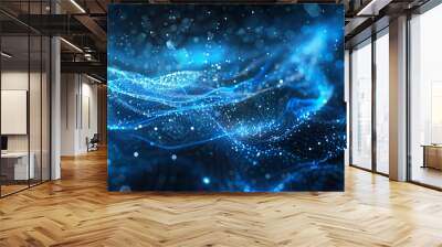 3D rendering of abstract blue digital waves with depth of field and bokeh, A powerful blue wave crashing under a sky full of stars, creating a mesmerizing display of natures forces, Glowing particles  Wall mural