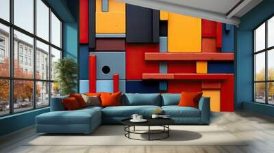 a colorful wall of different colored blocks with a red and blue one. Wall mural