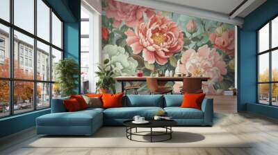 A room featuring a 3D wallpaper design showcasing an array of colorful peonies against a subtle, muted background. Wall mural