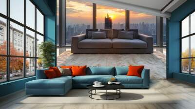 A sleek grey sofa sits atop a plush cream-colored rug, surrounded by floor-to-ceiling windows with a stunning cityscape view at sunset. Wall mural