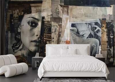 A textile collage that tells a story through the juxtaposition of modern an vintdage elements Wall mural