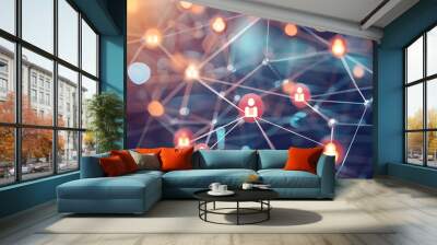 abstract background with molecules and connection structure, Lines connected with dots as social communication concept in office, Social network structure with blue backgrounds icons, light emerald 
 Wall mural