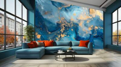 Abstract blue marble texture with gold splashes, blue luxury background, Marble ink abstract art from meticulous original painting abstract background, Painting was painted on high quality paper 
 Wall mural