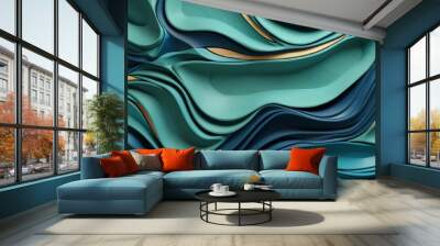 Abstract organic forms interweave in shades of blue and green, creating a mesmerizing 3D wall design that brings a touch of nature indoors in a contemporary way. Wall mural