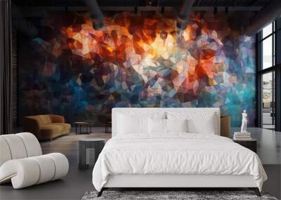 An abstract mosaic wall design featuring intricate shapes and textures, resembling a digital art installation with a fusion of metallic hues and neon accents. Wall mural